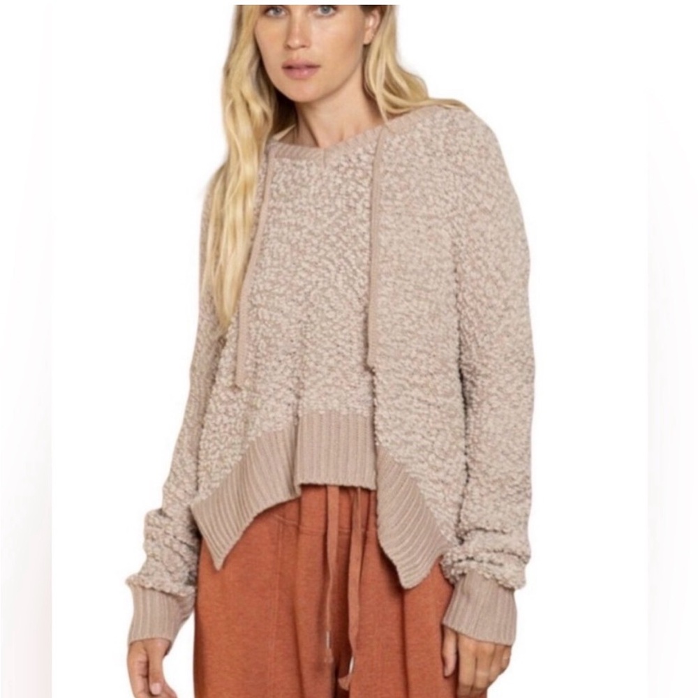 POL Popcorn knit slouchy hoodie, Neutral Beige/Oatmeal Size Large